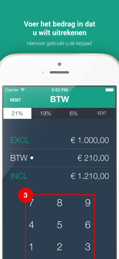 BTW berekenen app - BTW - Mobile app screen showing VAT calculation with excluding and including tax amounts