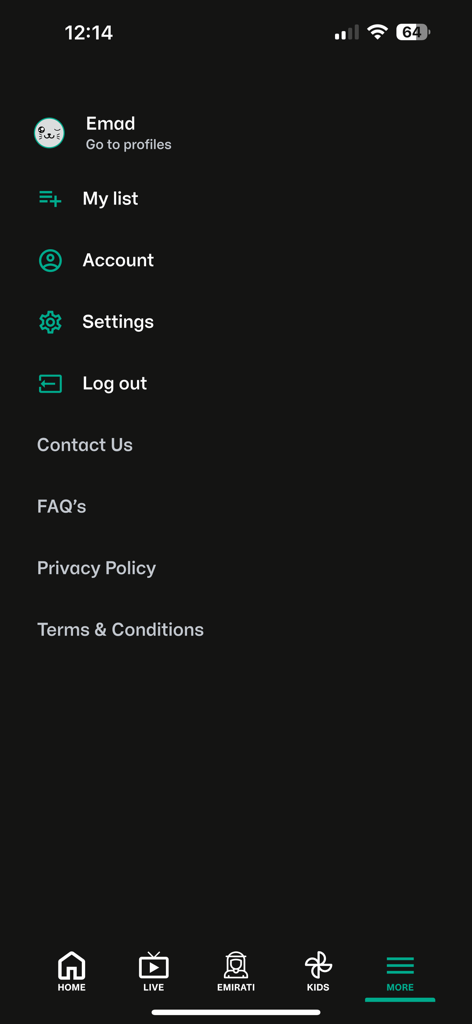 Awaan app more menu with settings and profile options