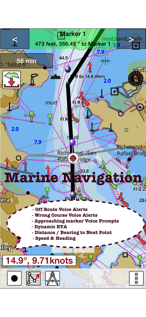 Marine-Navigationsbildschirm mit Seekarten und GPS-Routenführung in der Fishing Points App.