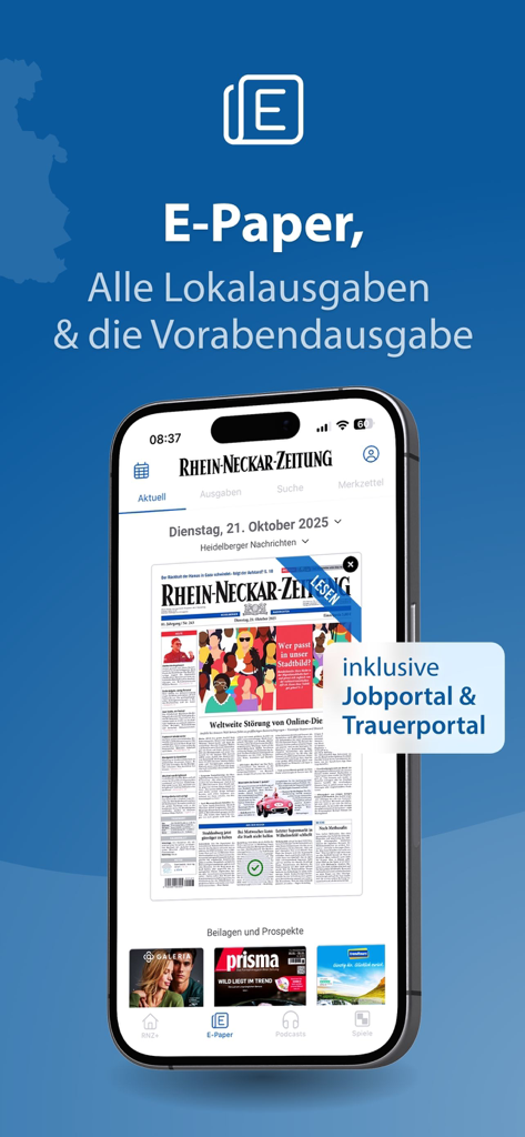 RNZ - Nachrichten - Interfaz de la aplicación Rhein-Neckar-Zeitung que muestra la réplica del periódico digital E-Paper con ediciones locales y portal de empleo