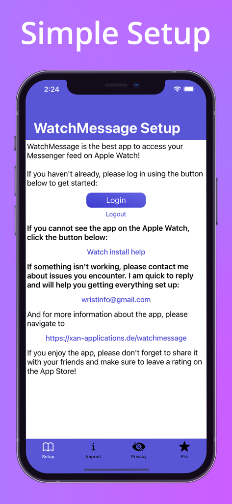 WatchMessage for Messenger - Setup screen for WatchMessage for Messenger app on iPhone