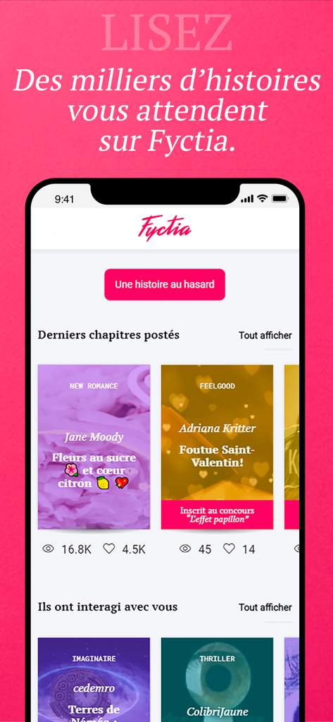 Fyctia - Fyctia app screen displaying new romance and feel good book titles in French