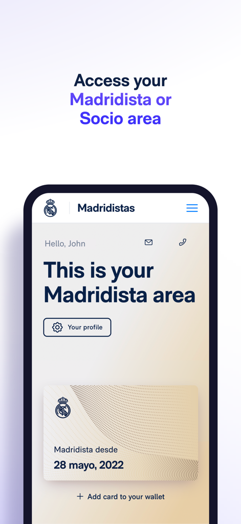 Real Madrid app screen showing the Madridista membership area with a digital profile card