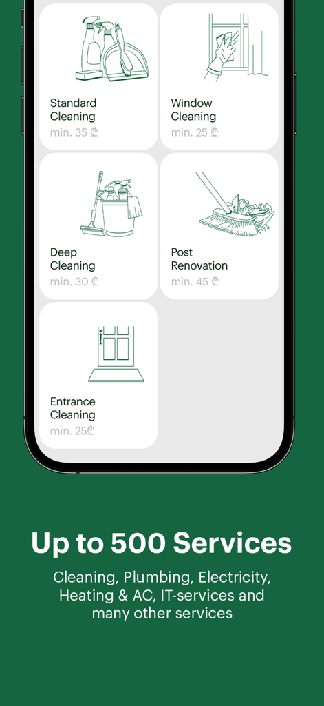 The Profy mobile app interface showcasing various home cleaning and maintenance services.