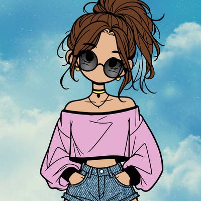 girl with a messy ponytail glasses a baggy crop top and jean shorts