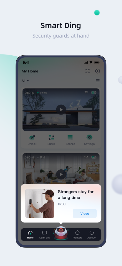 Xhome - Dashboard of Xhome app showing camera monitoring and a motion alert notification