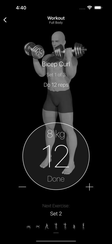 Dumbbell Home Workout app interface displaying a bicep curl exercise with rep count and 3D illustration