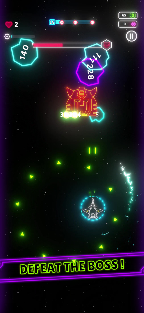 Neon Wings - A gameplay screenshot of Neon Wings showing a neon plane fighting a large boss with glowing effects.