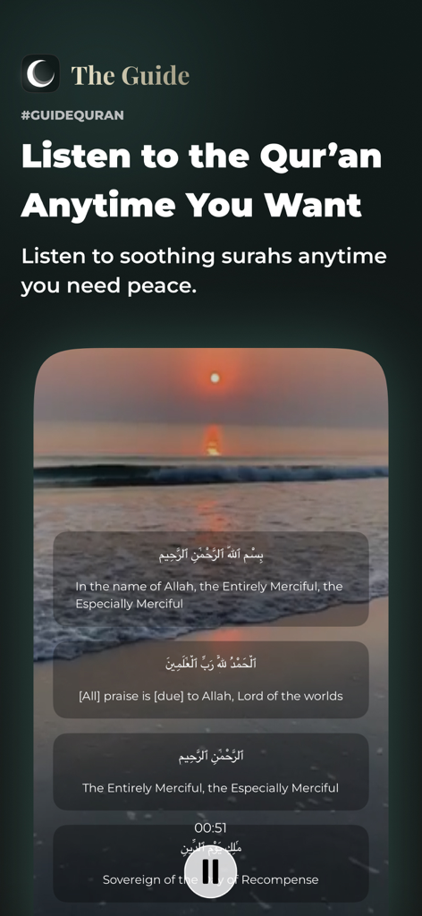 The Guide: Quran Companion - The Guide app mostrando o recurso de áudio para ouvir suratas corânicas relaxantes com traduções.