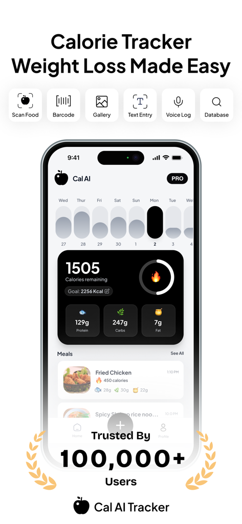 Cal AI App - Calorie Tracker - Interface of the Cal AI calorie tracker app showing daily calorie goals and macro breakdown