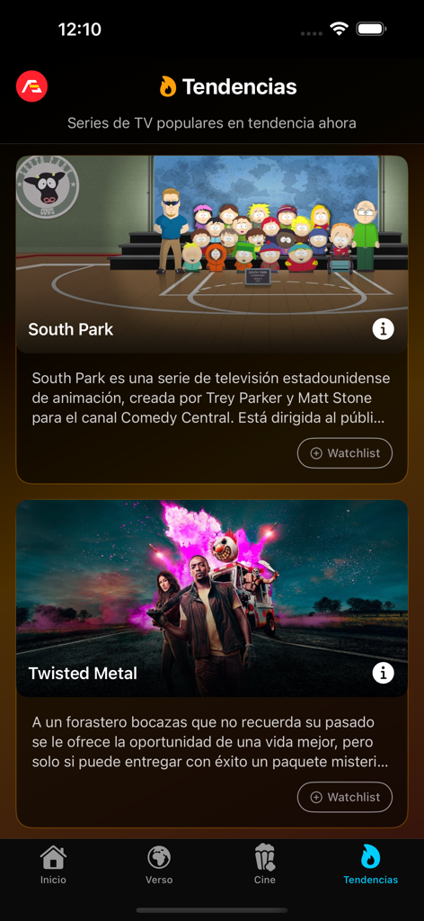Cineverso - Trending TV series section in the Cineverso app showing South Park and Twisted Metal