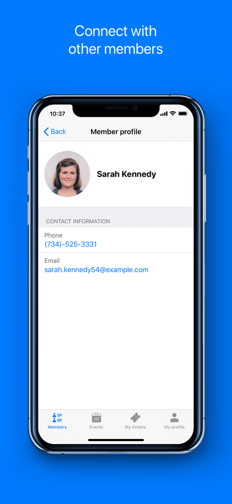 Interface of Wild Apricot for members showing a member profile with contact information for networking