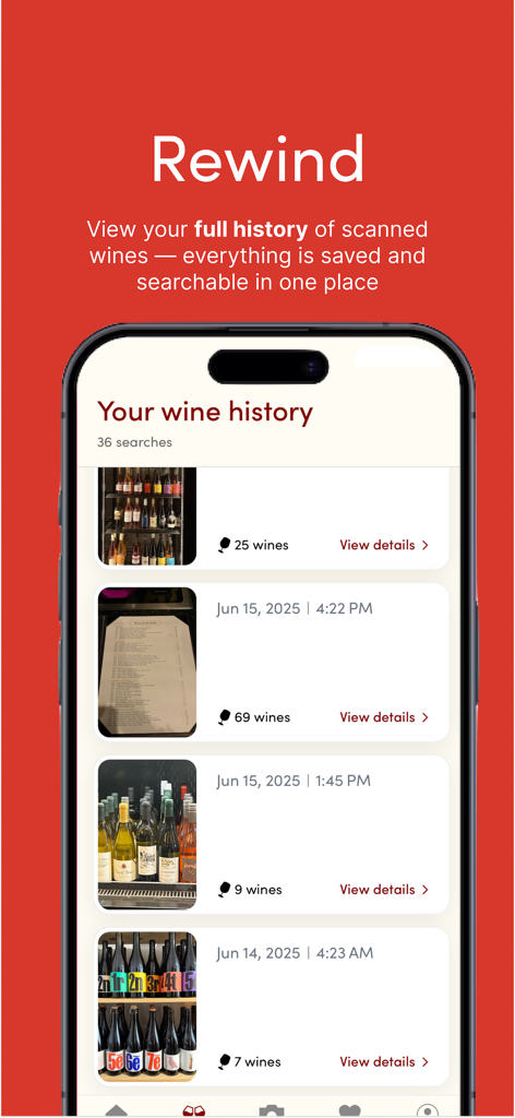 Wine Find app Rewind screen showing a history of scanned wine menus and bottles with dates and details