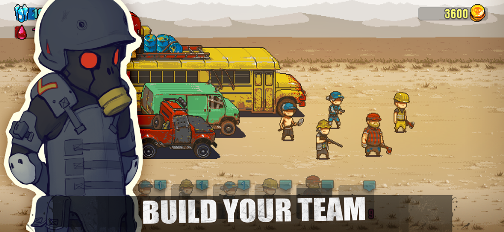 Dead Ahead: Zombie Warfare - 砂漠でピクセルアートの生存者と黄色いバス、そして「チームを構築せよ」というテキストが表示されているDead Ahead Zombie Warfareのゲーム画面