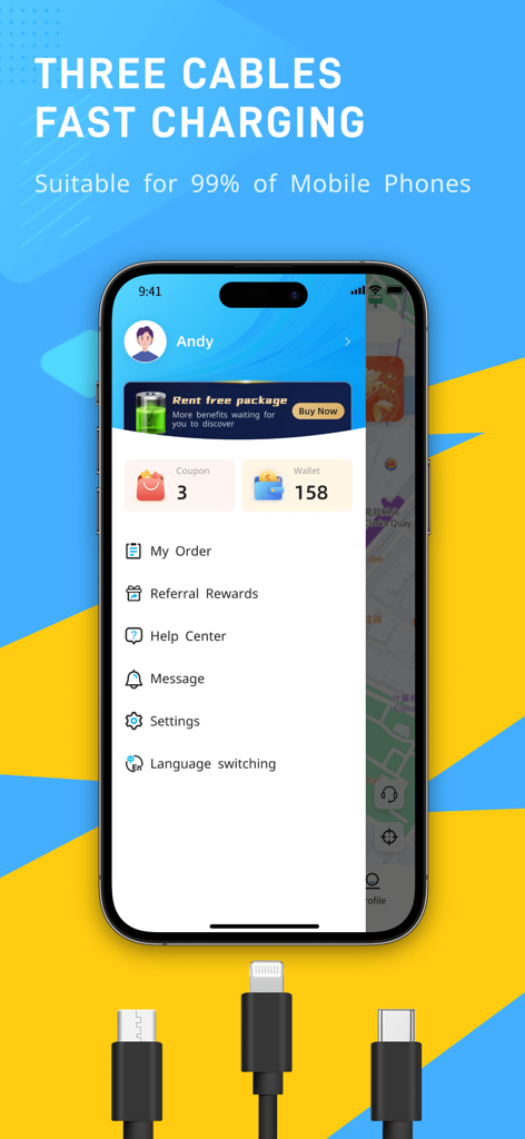 PowerOn SG - PowerOn SG app profile screen displaying three types of fast charging cables for mobile phones