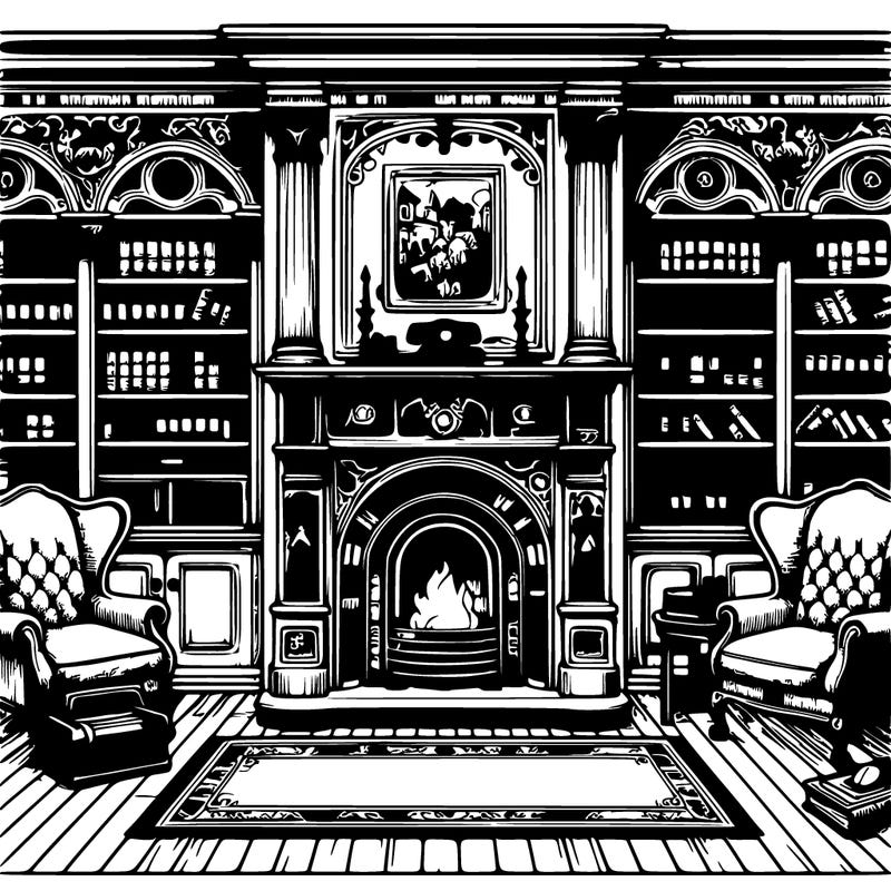 realistic detailed victorian library with fireplace