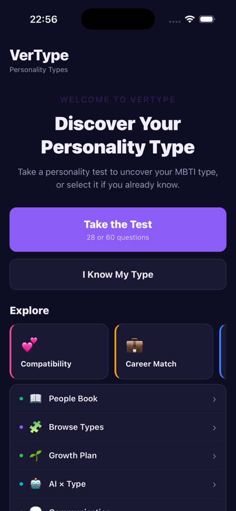 VerType: Personality Types - VerType app home screen with buttons to take an MBTI test explore compatibility and career matching