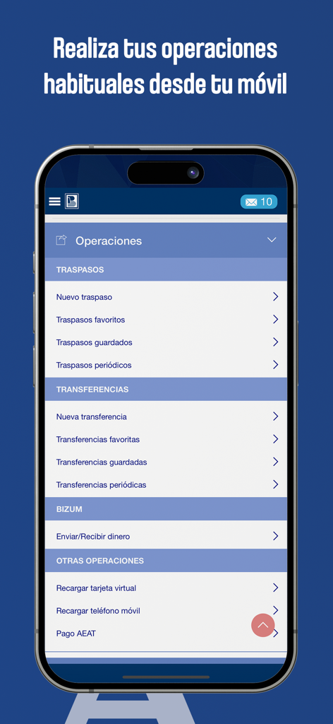 e-pueyo - Captura de pantalla de la app e-pueyo mostrando el menú de operaciones para transferencias, Bizum y pagos de impuestos.