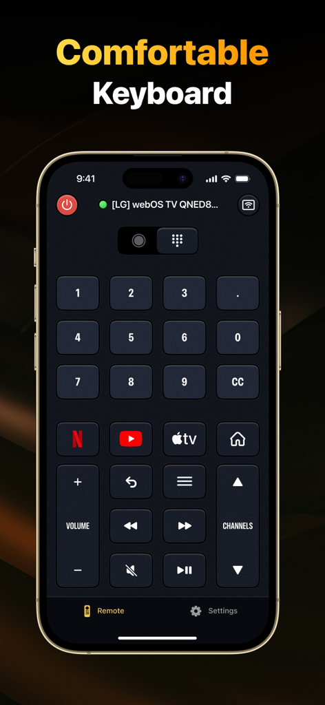 A mobile app interface showing a universal TV remote with a numeric keypad and volume controls on an iPhone