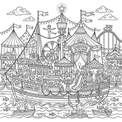 Set sail for adventure with this extraordinary coloring page, where a sturdy fishing boat transforms into a bustling carnival afloat on the waves. Discover a world of circus tents, thrilling rides, and happy fairgoers waiting for your creative touch.