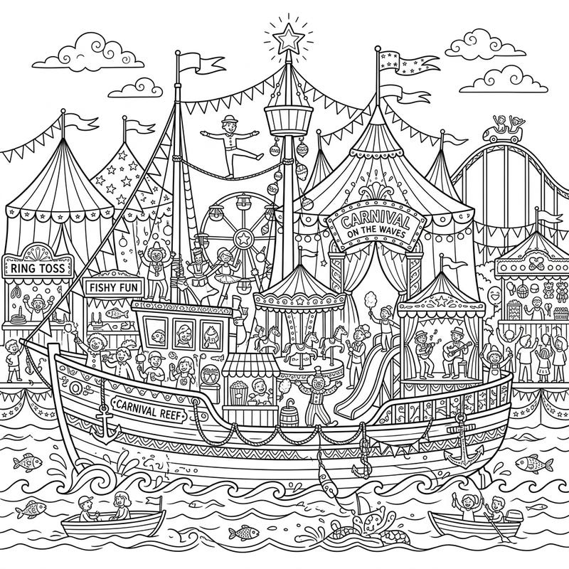 Set sail for adventure with this extraordinary coloring page, where a sturdy fishing boat transforms into a bustling carnival afloat on the waves. Discover a world of circus tents, thrilling rides, and happy fairgoers waiting for your creative touch.