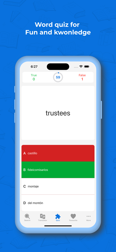 Spanish Dictionary+ Translator - A screenshot of the Spanish Dictionary and Translator app showing an interactive word quiz game for English to Spanish vocabulary learning.