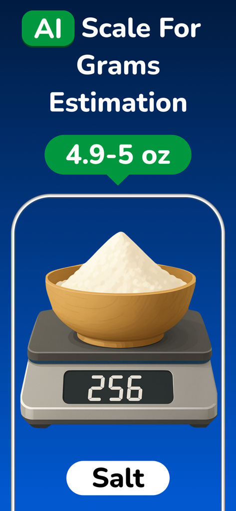Scale For Grams - AI Estimate - Interfaz de la aplicación que muestra la estimación de peso por IA de un tazón de sal en una báscula digital