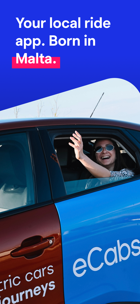 eCabs: Request a Ride - Happy passenger waving from an eCabs car in Malta showcasing the local ride hailing service