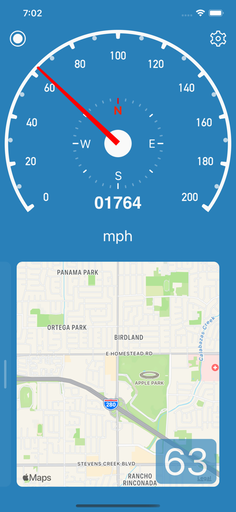 Speedometer Simple app interface showing an analog speed dial and navigation map