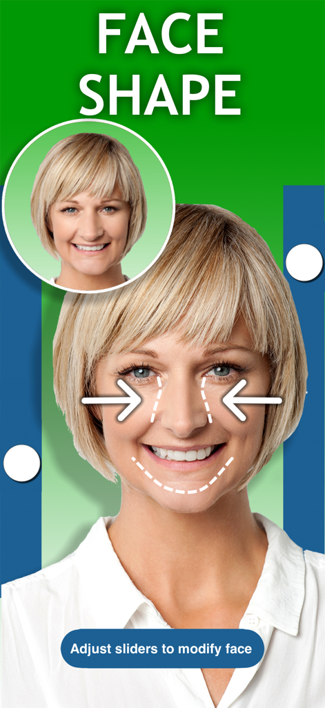 Body Editor Booth Thin & Slim - A demonstration of the face shaping tool in the Body Editor Booth app showing arrows narrowing a woman's face shape