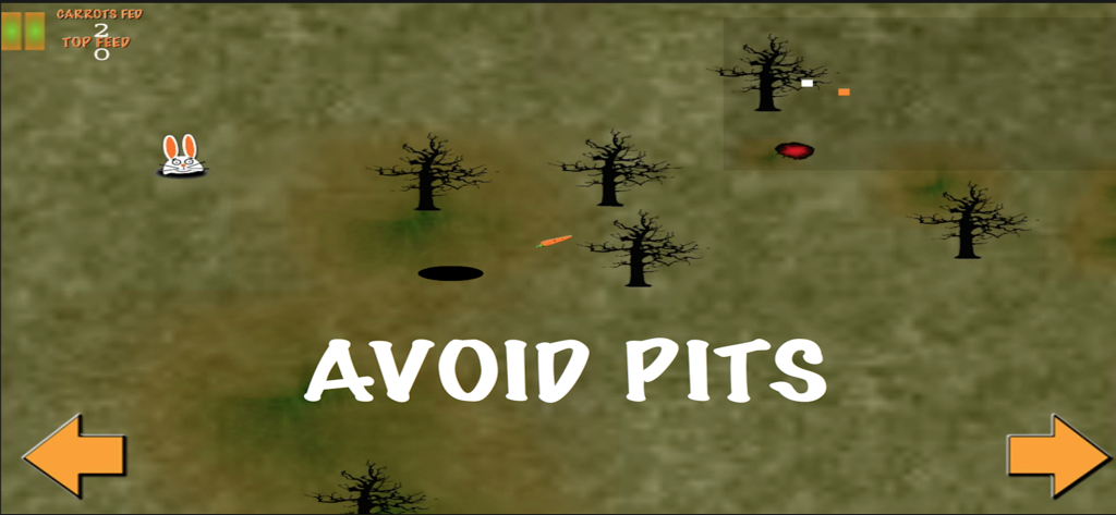 Carrot Time - A screenshot of the Carrot Time mobile game showing a rabbit character, a carrot, and a pit on a grassy field with the instructional text Avoid Pits.