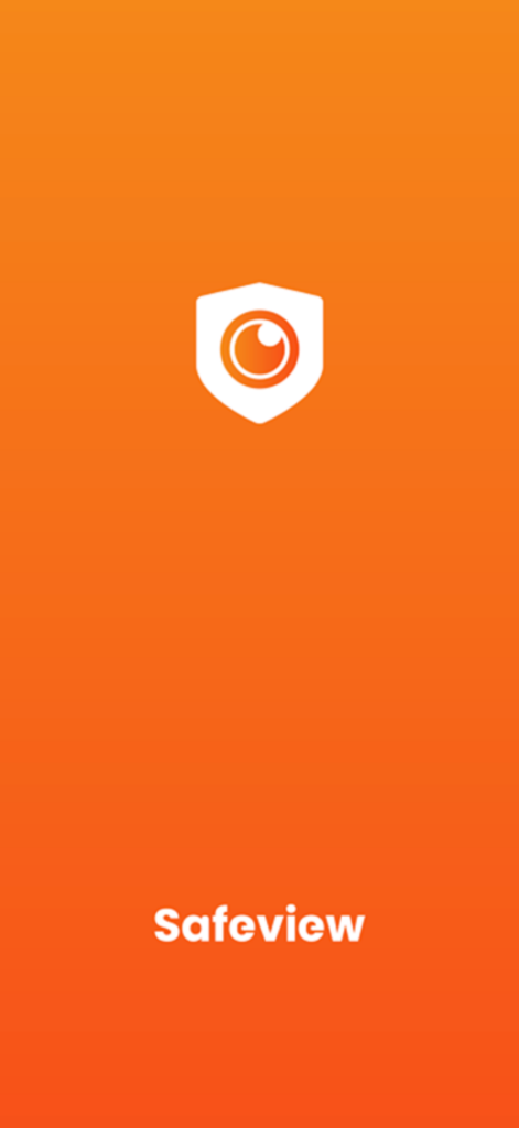 Safeview security app splash screen with white shield camera logo on a bright orange background