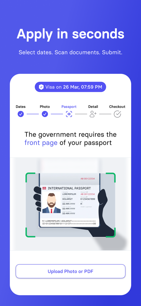 Atlys - Visas on Time - Interface de l'application Atlys montrant comment numériser un passeport pour une demande de visa rapide