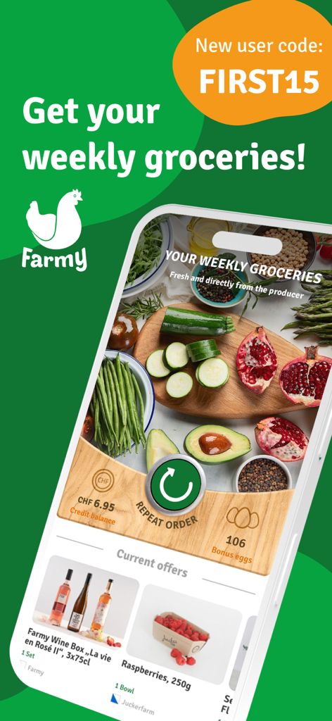 Farmy mobile app interface showing fresh produce and local grocery delivery options