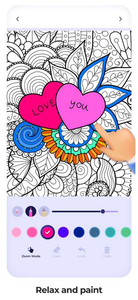 Mandalas coloring pages relax - A digital coloring app interface showing a mandala design with hearts and a hand selecting colors
