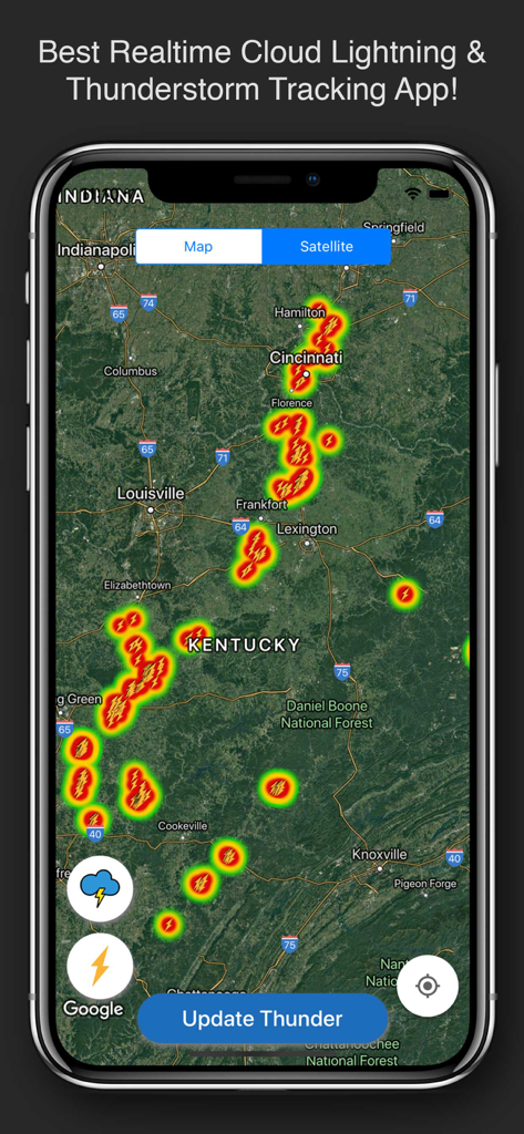 Mapa de seguimiento de rayos y tormentas eléctricas en tiempo real en un dispositivo móvil