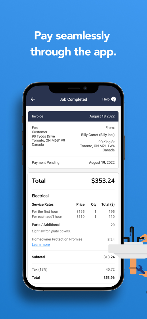 Jiffy - Schermata mobile dell'app Jiffy che mostra una fattura dettagliata del servizio domestico e la conferma del pagamento.
