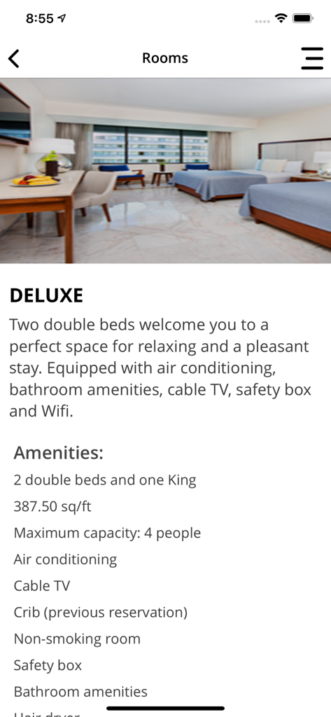 Park Royal Hotels & Resorts - Screenshot showing deluxe room description and guest amenities in the Park Royal app