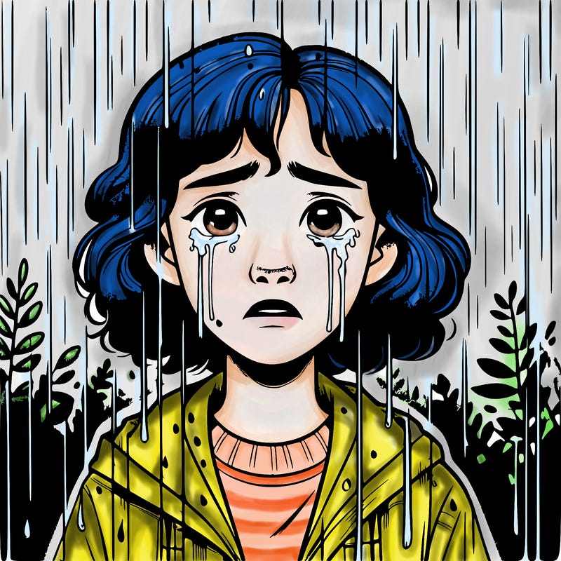 realistic girl in the rain crying