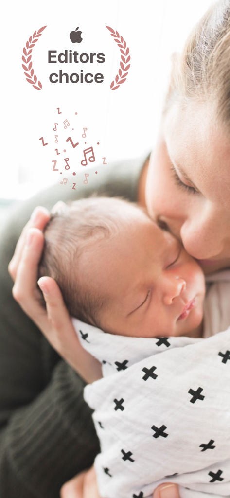 A mother kissing her sleeping newborn baby with an Apple Editors Choice badge and musical notes