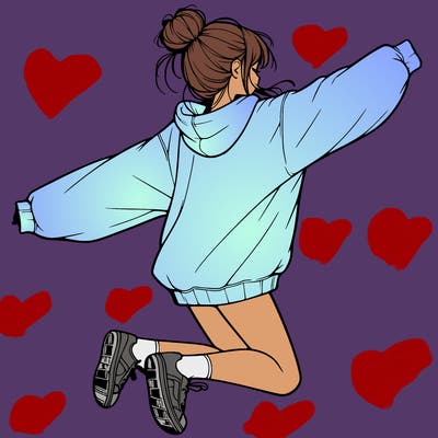 realistic girl jumping with a bun and oversized sweatshirt