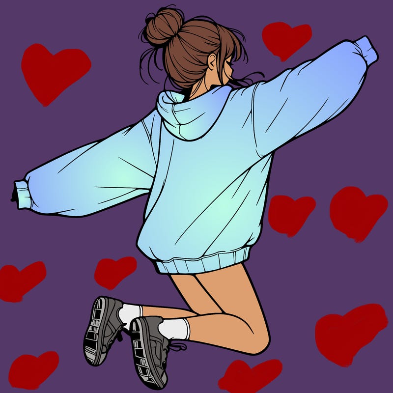 realistic girl jumping with a bun and oversized sweatshirt
