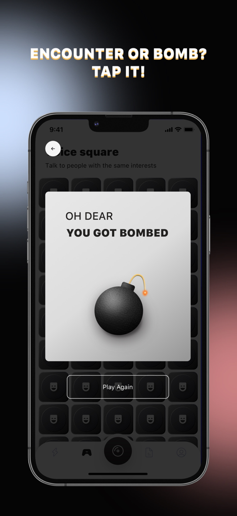 Ebony Meet: Black Dating, Chat - Ebony Meet dating app screen showing an interactive social game feature with a bomb icon.