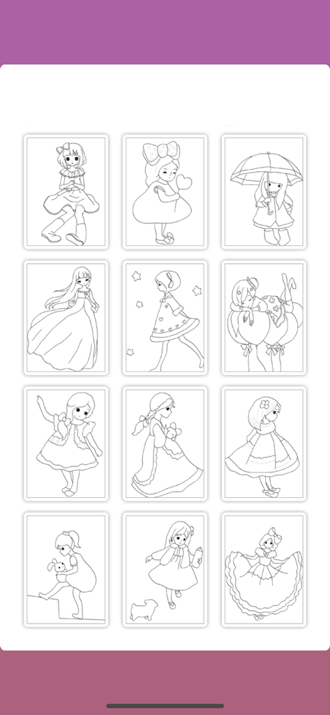 Bejoy Coloring: Sweet Doll - A selection grid of various sweet doll coloring pages in black and white outlines