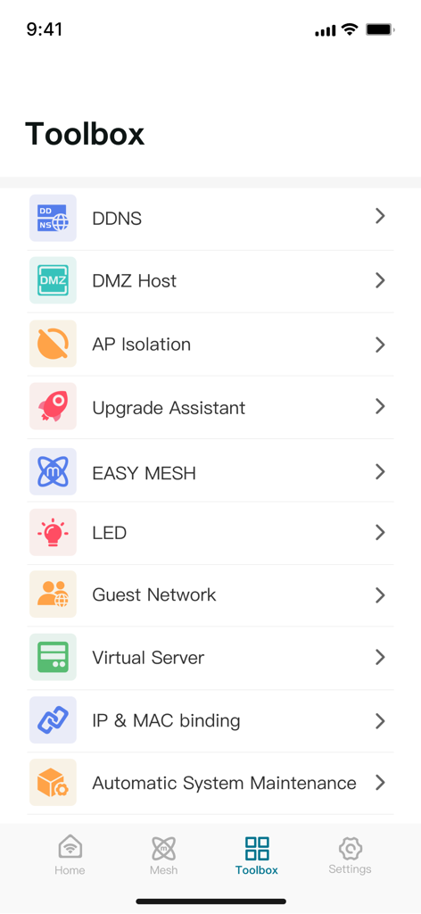 D-Link Mobile Connect Plus - D-Link Mobile Connect Plus app toolbox screen showing router management options.