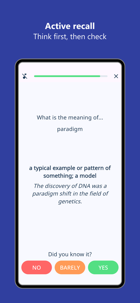 Rare English Words Trainer - A vocabulary flashcard for the word paradigm with self-assessment recall options in the Rare English Words Trainer app.