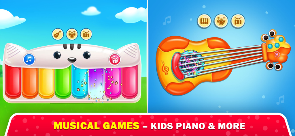 Playbees - Kids Learning Games - Juegos musicales Playbees para niños con un piano con temática de gato y una guitarra colorida.