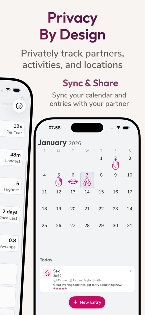 Nice Sex Tracker - Interface of the Nice Sex Tracker app showing a calendar view with activity icons and privacy features.