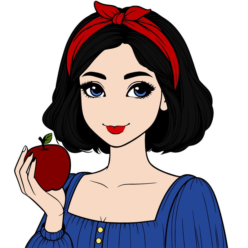 a woman with medium short hair, wearing a headband with a small bow, carrying an apple in her hand, realistic
