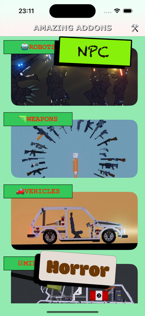 Écran de l'application affichant diverses catégories de mods, y compris les robots, les armes et les véhicules pour le jeu de ragdoll